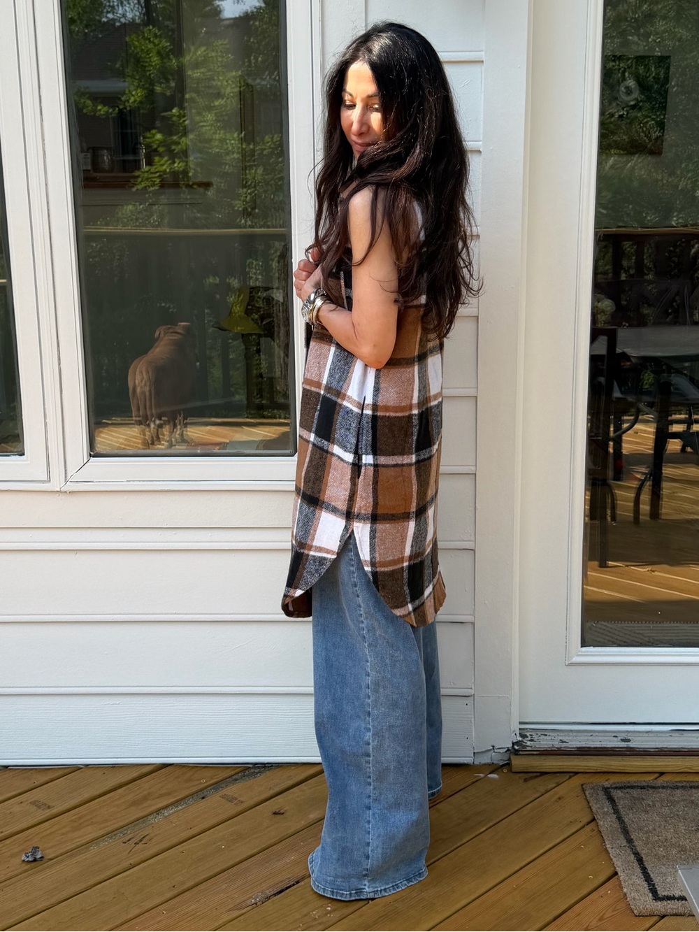ShopEvelynne Brown Black and White Plaid Long Sleeveless Coat Vest - Picture 4 of 5